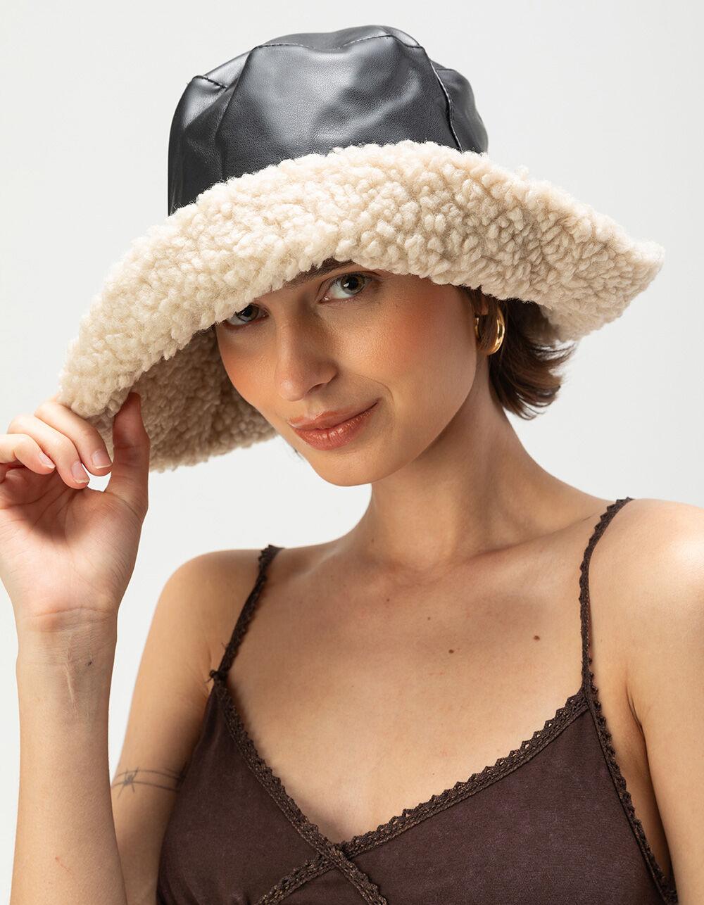 Faux Leather Sherpa Fur Womens Bucket Hat - BLACK Product Image