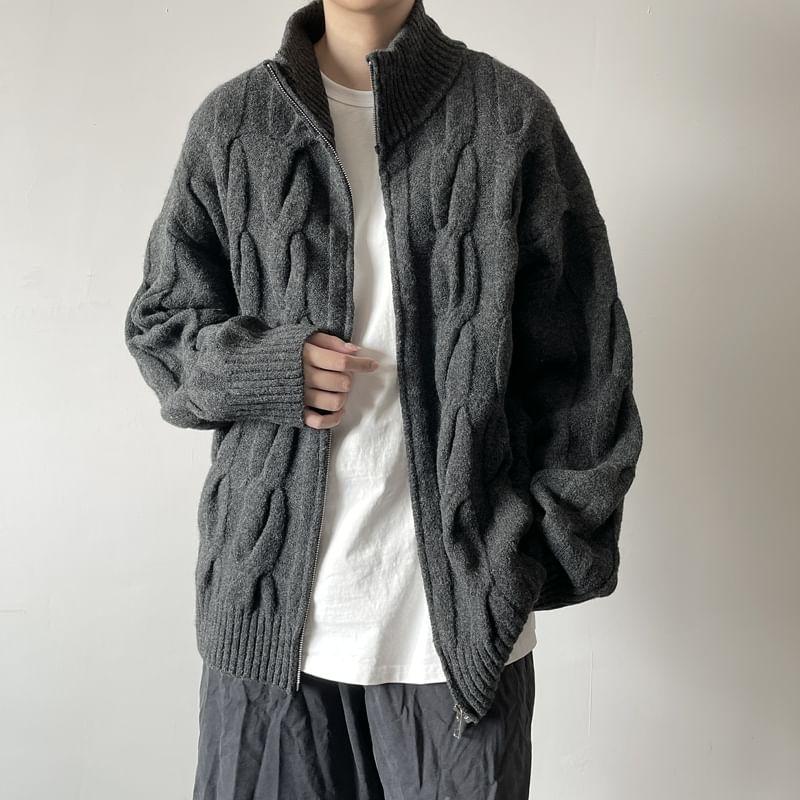 Stand Collar Plain Cable Knit Zip Cardigan Product Image