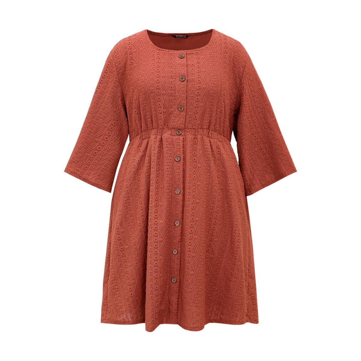Plus Size Broderie Anglaise Button Through Pocket Dress Rust Women Casual Texture Round Neck Long Sleeve Curvy Knee Dress BloomChic 26/4X Product Image