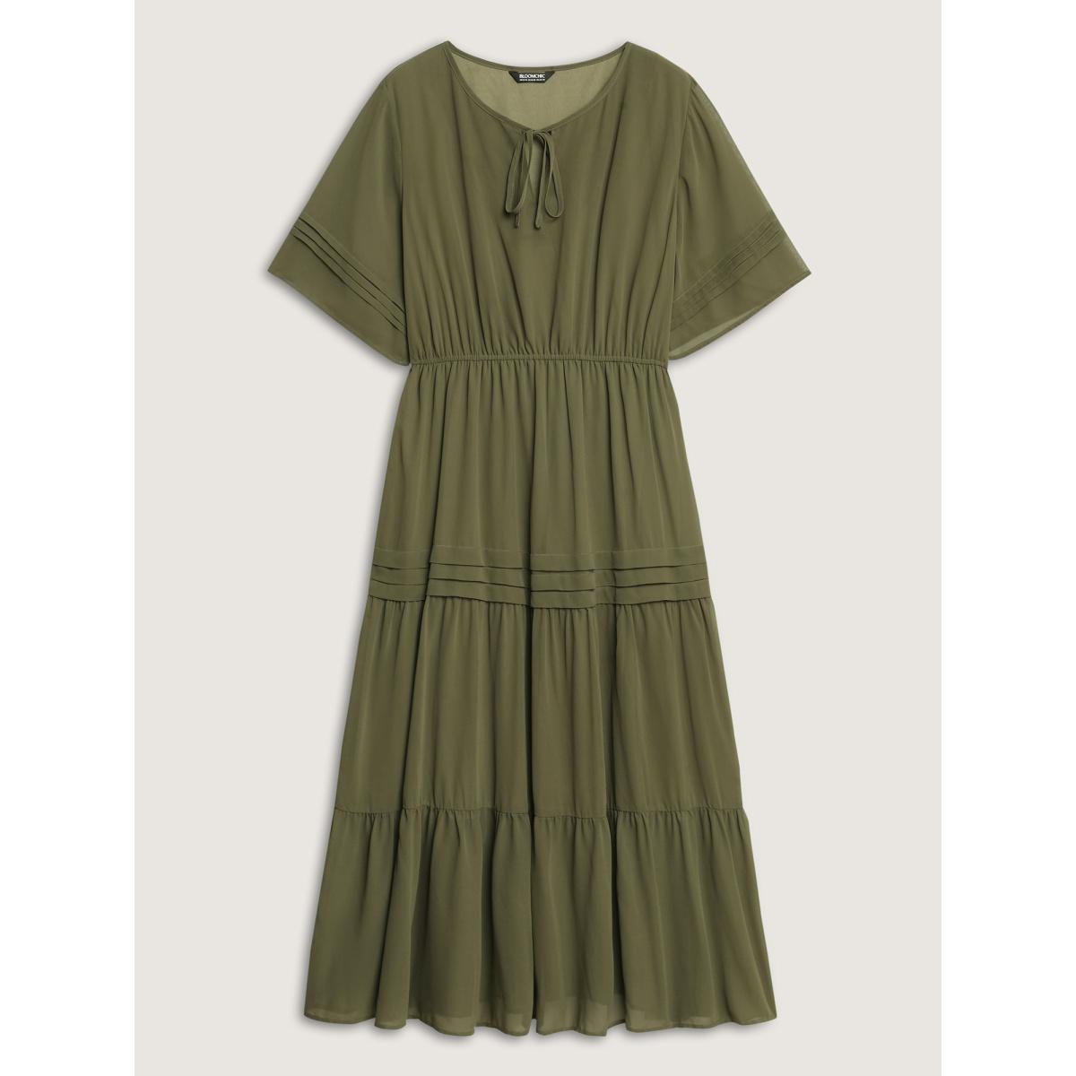 Plus Size Pleated Neck-Tie Tiered Solid Midi Dress ArmyGreen Women Flat collar with V-notch Long Sleeve Curvy BloomChic 18-20/2X Product Image