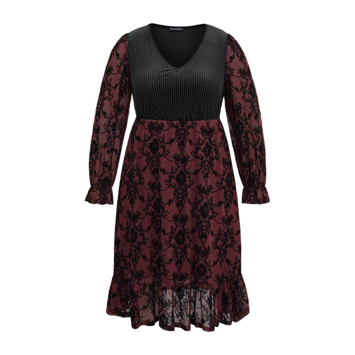 Plus Size Velvet Patchwork Geometric Pleated Dress Scarlet Women Elegant Texture V-neck Long Sleeve Curvy Midi Dress BloomChic 14-16/1X Product Image