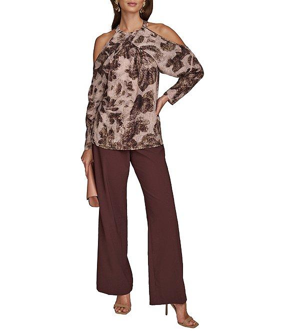 Donna Karan Printed Georgette Halter Neck Cold Shoulder Long Sleeve Top Product Image