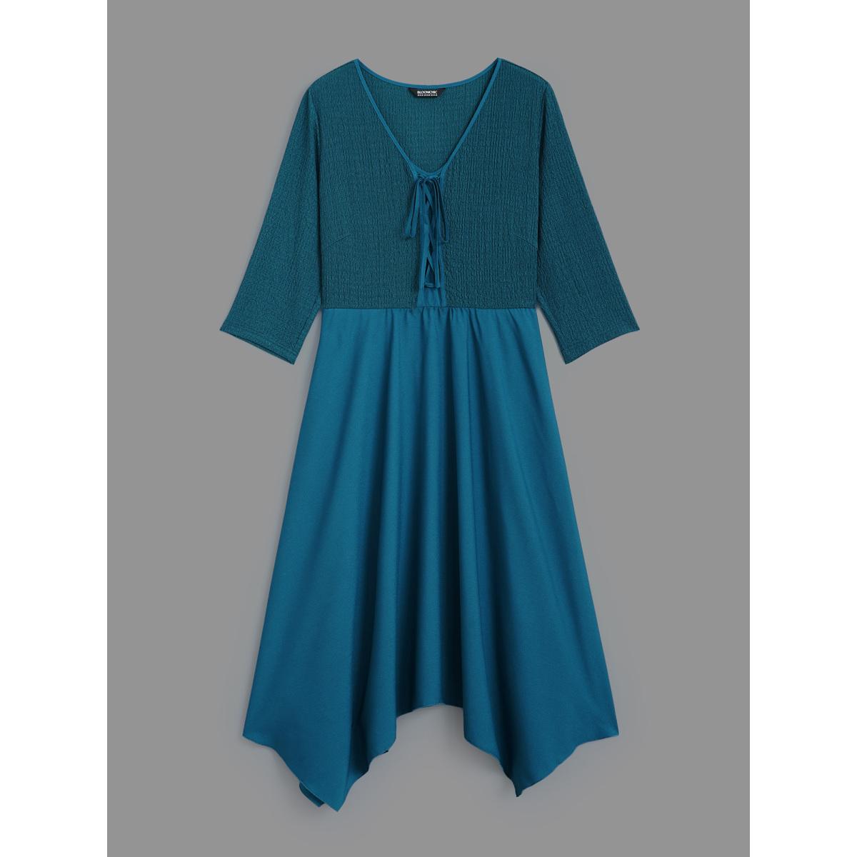 Plus Size Adjustable Drawstring Asymmetrical Hem Textured Dress Aegean Women Elegant Wraparound straps V-neck Elbow-length sleeve Curvy BloomChic 26/4X Product Image