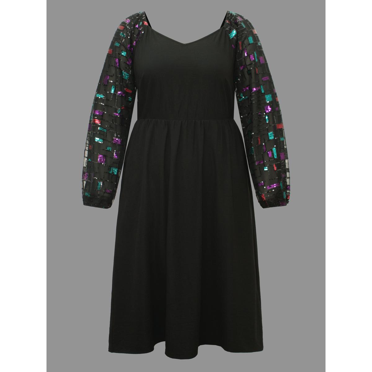 Plus Size Heart Neckline Sequin Mesh Patchwork Dress Black Women Cocktail Texture Party Curvy Bloomchic 22-24/3X Product Image