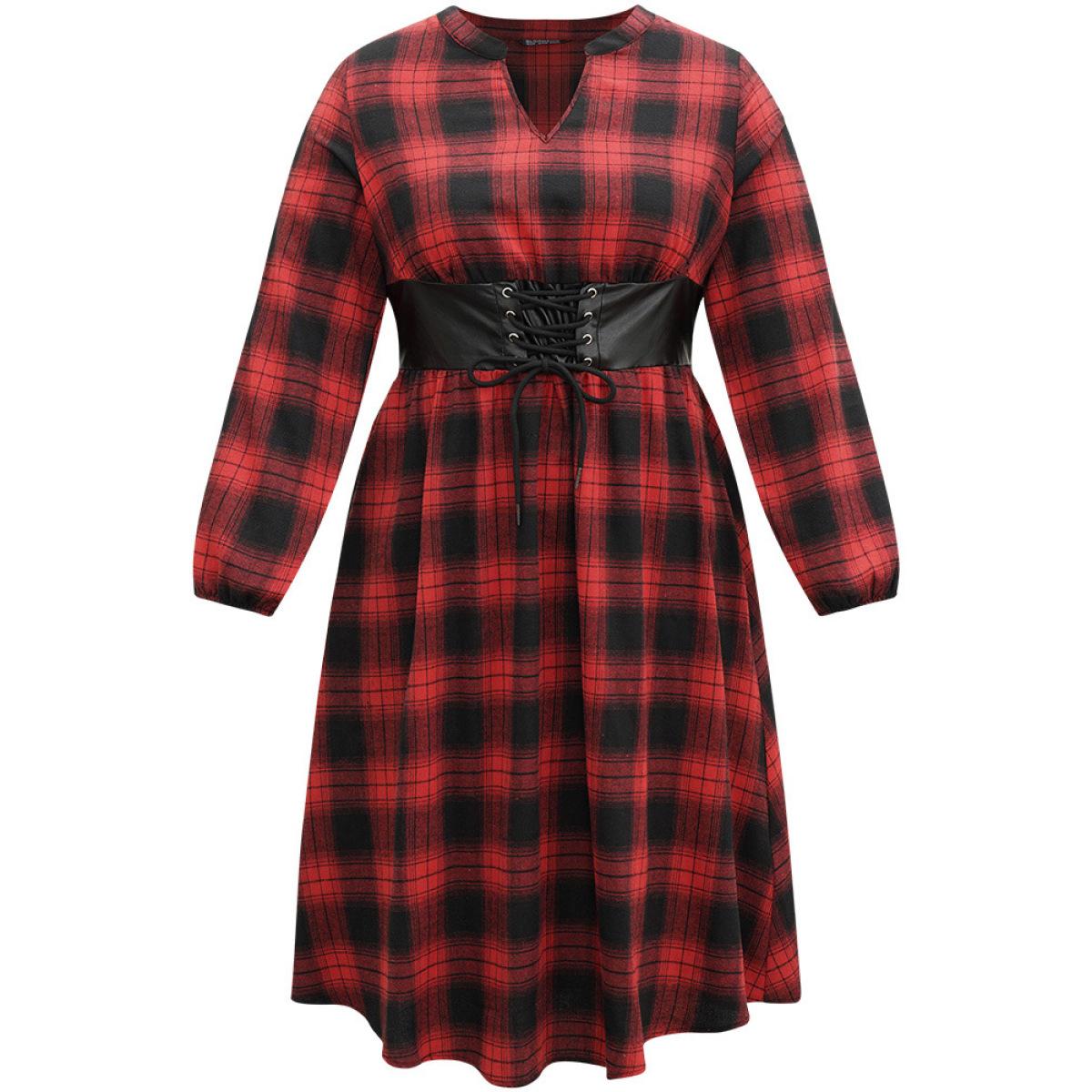 Plus Size Plaid Lace Up PU Leather Notched Dress Raspberry Women Elegant Elastic cuffs Notched collar Long Sleeve Curvy Midi Dress BloomChic 12/L Product Image