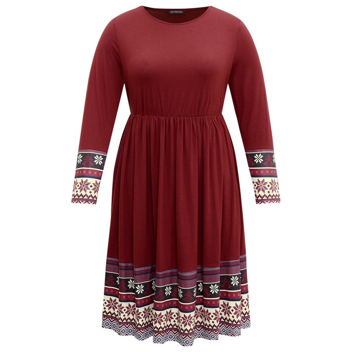 Plus Size Christmas Boho Print Patchwork Elastic Waist Dress Raspberry Women Casual Gathered Round Neck Long Sleeve Curvy Midi Dress BloomChic 30/6X Product Image