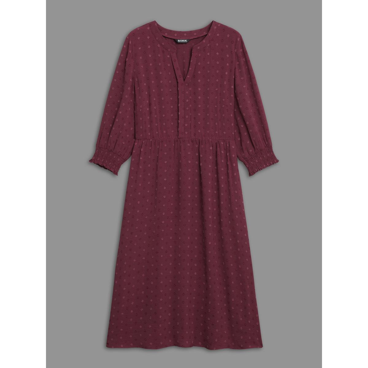 Plus Size Notched Collar Textured Smocked Cuffs Dress Plum Women At the Office Tucked seam Notched collar Elbow-length sleeve Curvy BloomChic 26/4X Product Image