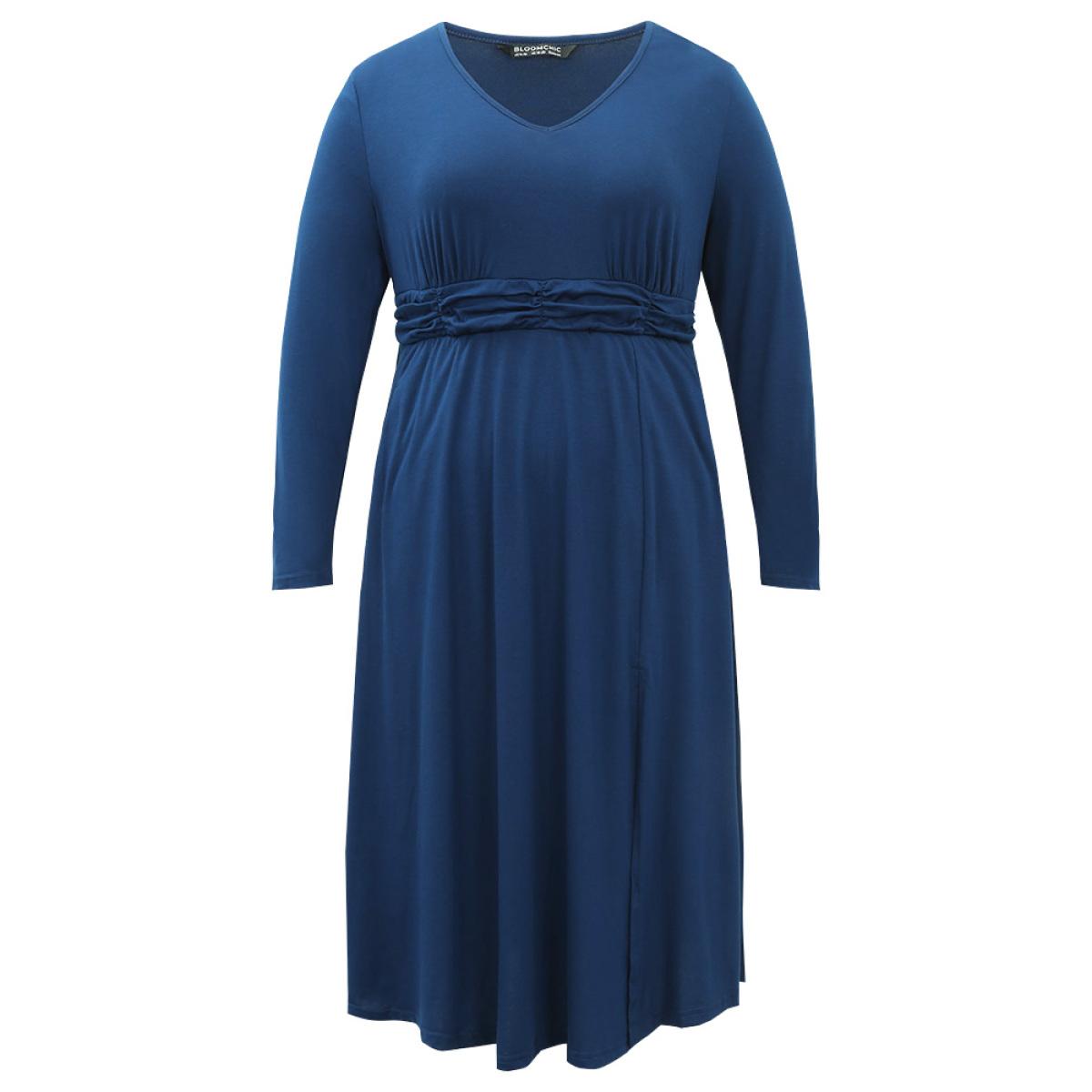 Plus Size Supersoft Essentials Ruched Split Side Dress DarkBlue Women Elegant Plain V-neck Long Sleeve Curvy Midi Dress BloomChic 22-24/3X Product Image