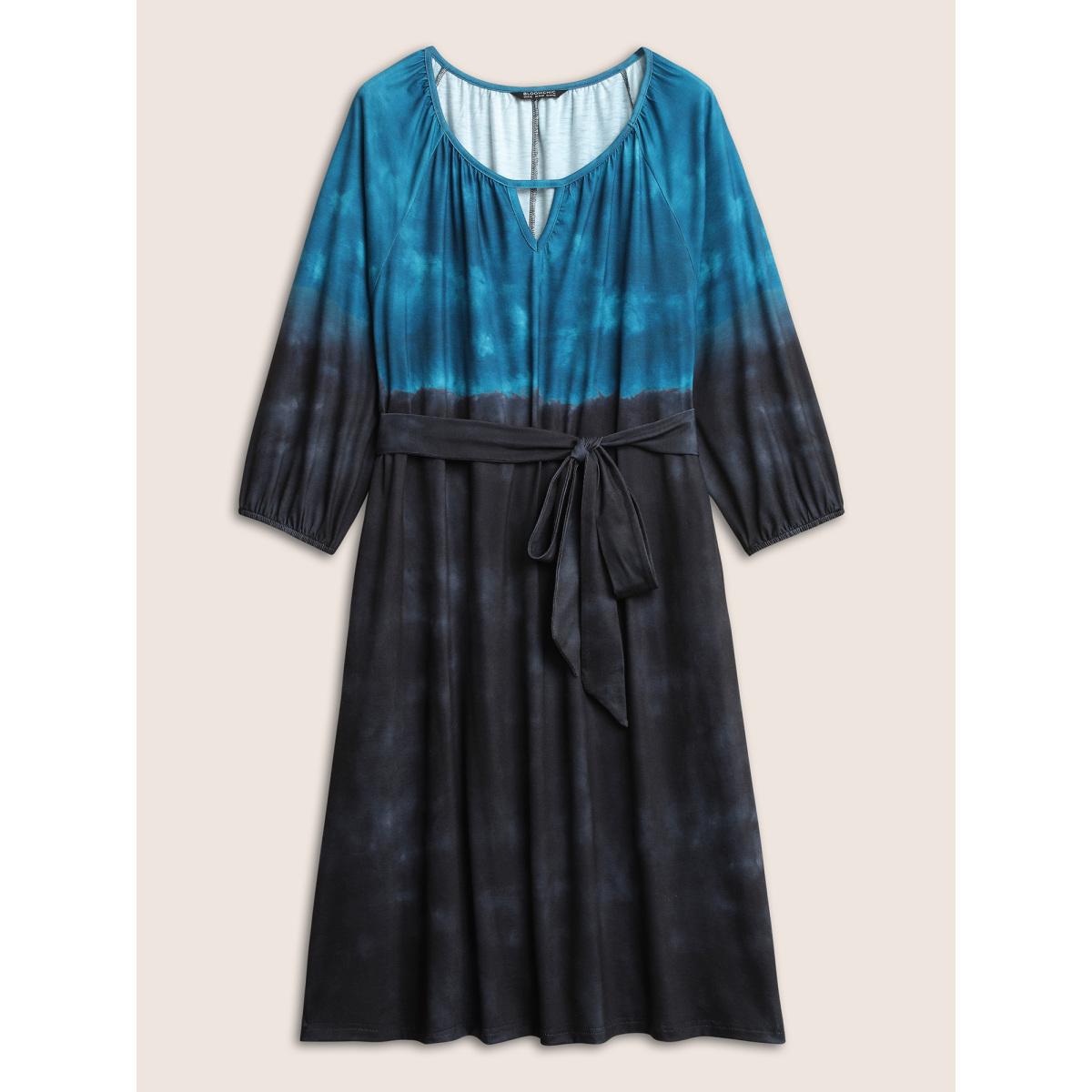 Plus Size Tie Dye Cut Out Belted Elastic Cuffs Dress DarkBlue Women Casual Non Notched collar Elbow-length sleeve Curvy Midi Dress BloomChic 12/L Product Image