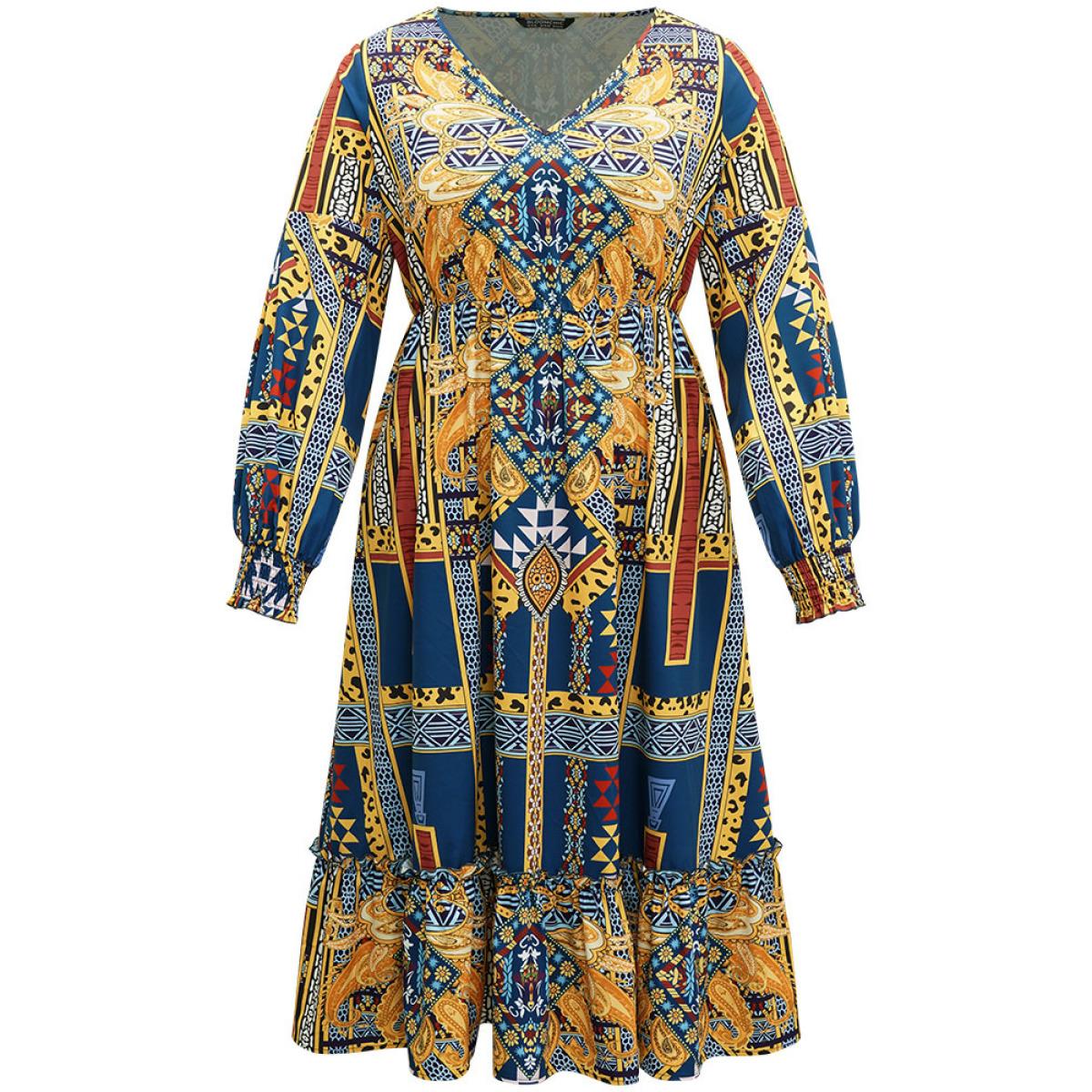 Plus Size Boho Print Shirred Pocket Ruffle Hem Dress DarkBlue Women Vacation Printed V-neck Long Sleeve Curvy Midi Dress BloomChic 12/L Product Image