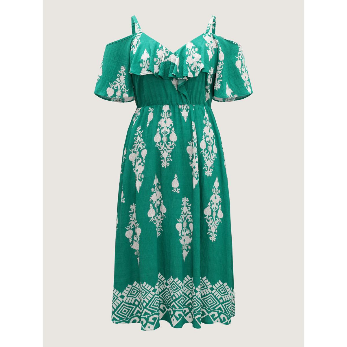 Plus Size Rayon Boho Print Slit Pockets Midi Dress Emerald Women Overlap Collar Short sleeve Curvy BloomChic 26/4X Product Image