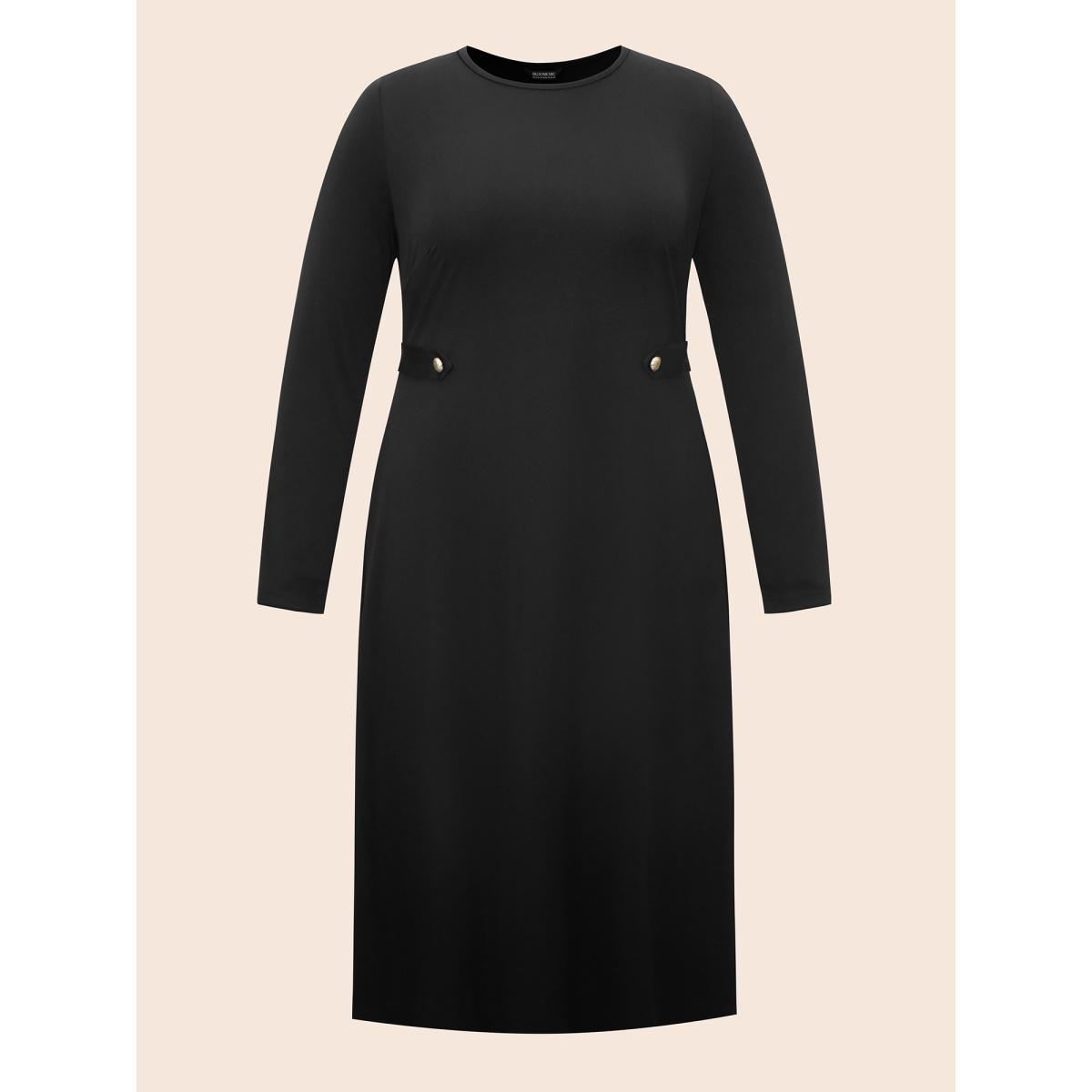 Plus Size Crew Neck Button Detail Dress Black Women At the Office Button Round Neck Long Sleeve Curvy BloomChic 30/6X Product Image