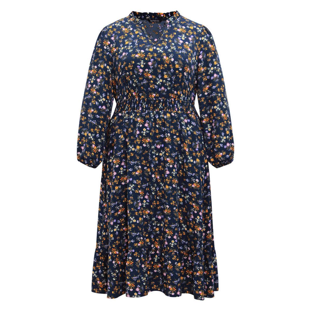 Plus Size Ditsy Floral Notched Shirred Pocket Elastic Waist Dress Navy Women Office Elastic cuffs Notched collar Long Sleeve Curvy Midi Dress BloomChic 14-16/1X Product Image