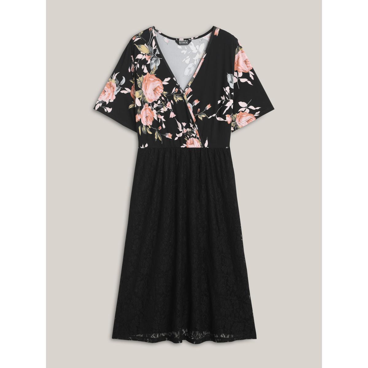 Plus Size Floral Panel Surplice Pockets Midi Dress Black Women Elegant Texture Overlap Collar Short sleeve Curvy BloomChic 12/L Product Image