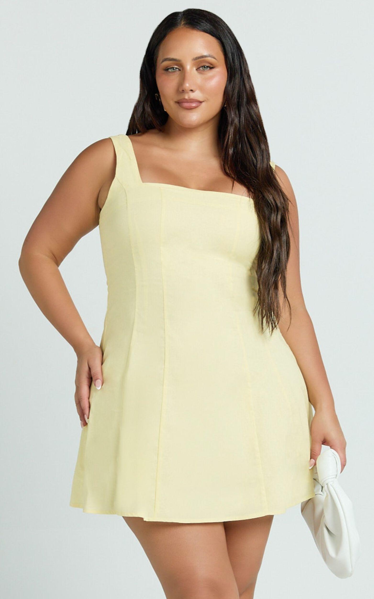 Adiana Mini Dress - Linen Square Neck Shirred Back A Line Dress in Lemon Product Image