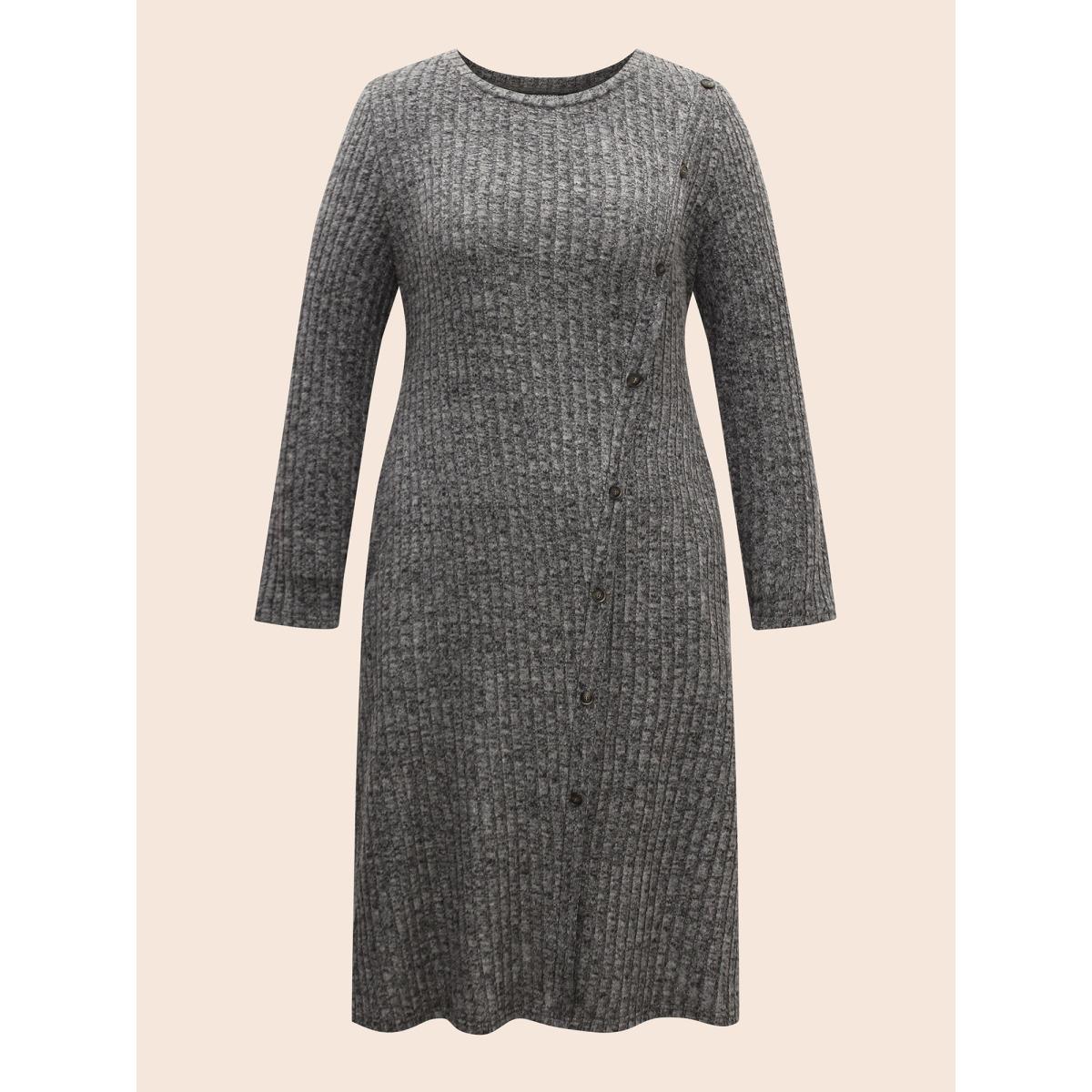 Plus Size Crew Neck Button Detail Slim Fit Dress DimGray Women Casual Texture Round Neck Long Sleeve Curvy BloomChic 30/6X Product Image