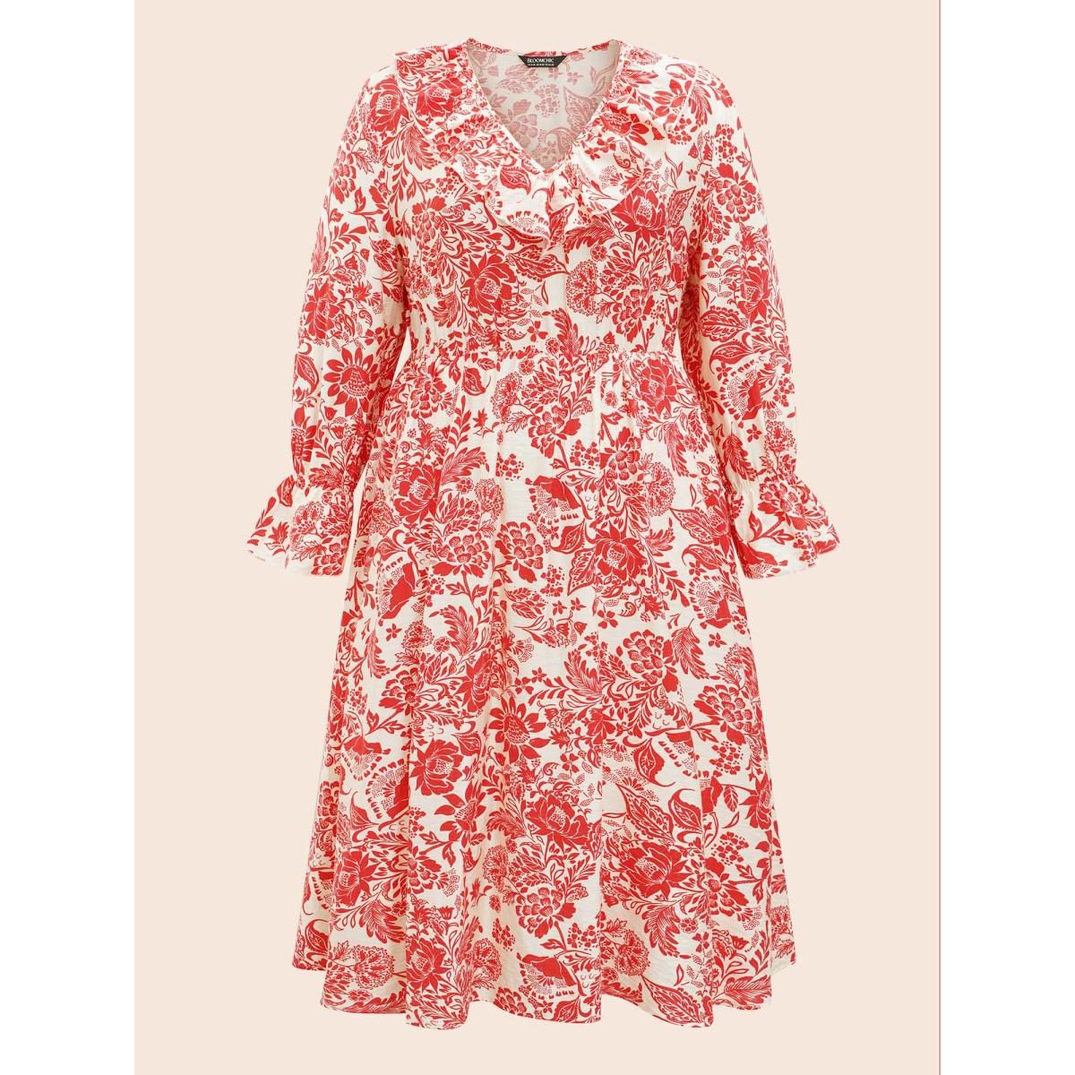 Plus Size Floral Lantern Sleeve Ruffle Trim Dress Crimson Women Elegant Ruffles V-neck Long Sleeve Curvy BloomChic 22-24/3X Product Image