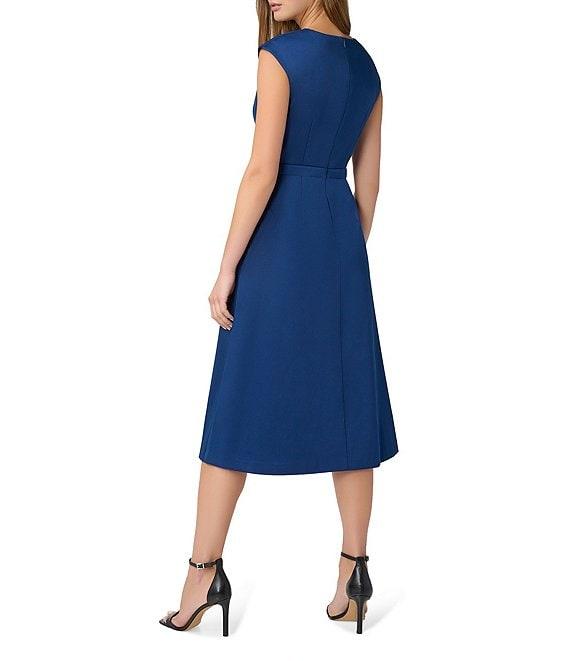 Aidan Mattox Stretch V-Neck Cap Sleeve Pleated Bodice Midi Dress Product Image