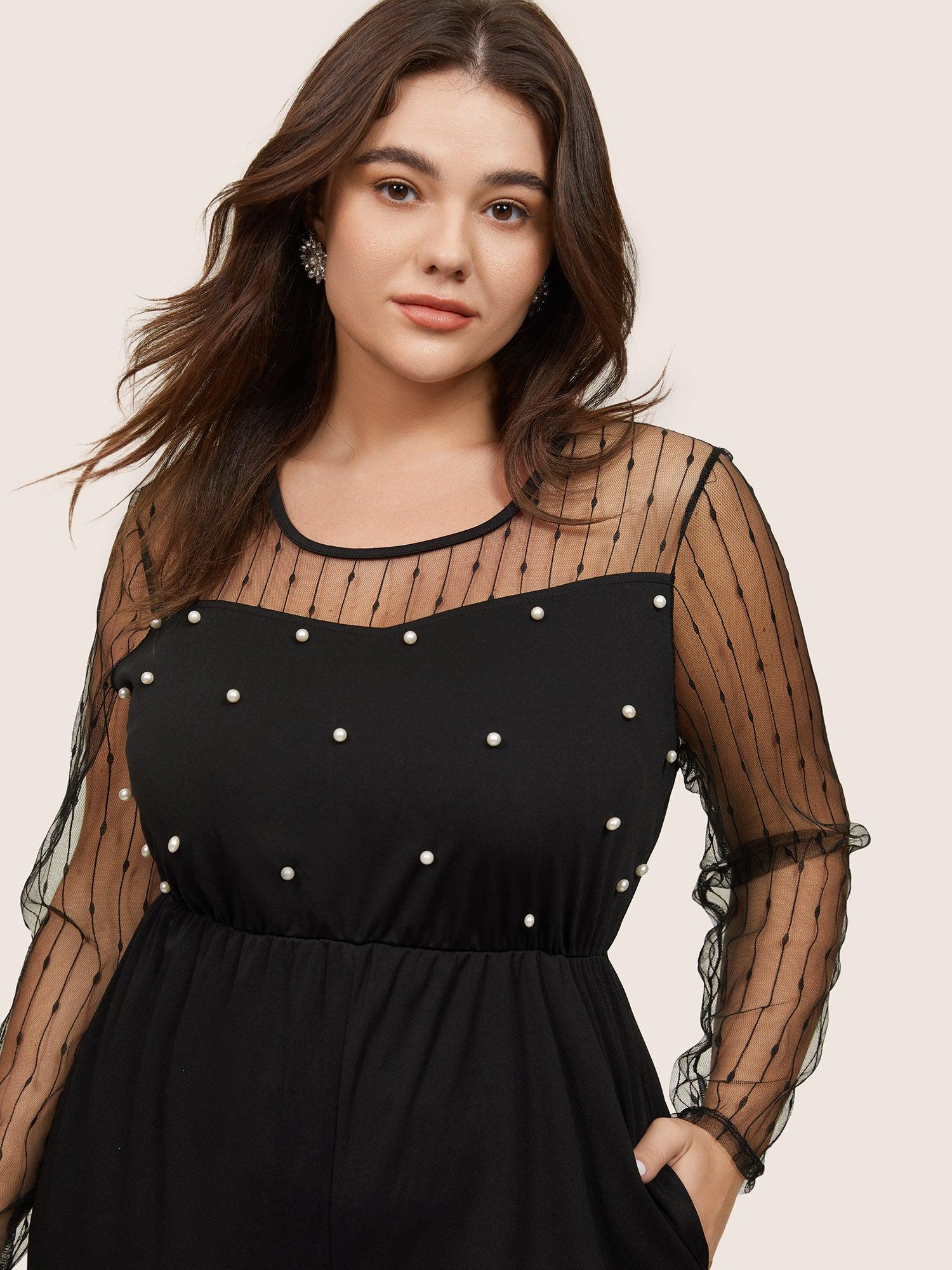 Pearl Beaded Mesh Patchwork Zipper Jumpsuit Female Product Image