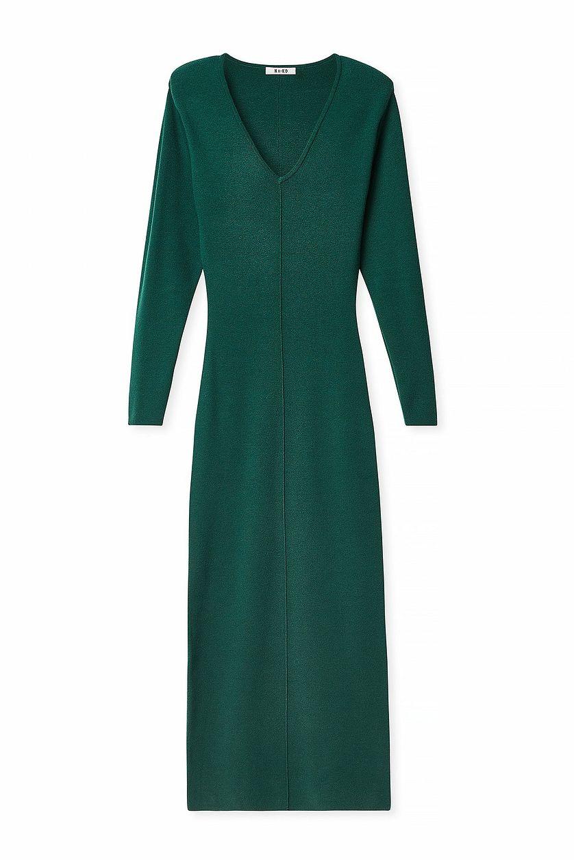 Knitted V-Neck Maxi Dress Green Product Image