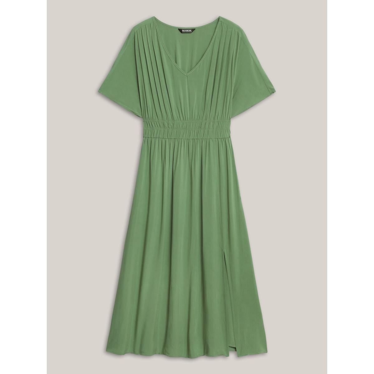 Plus Size Pleated Solid Color Slit Maxi Dress Sage Women Elegant Gathered V-neck Short sleeve Curvy BloomChic 14-16/1X Product Image