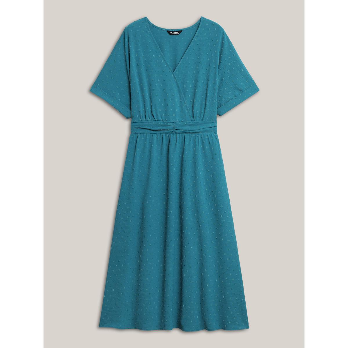 Plus Size Textured Stretchy Pleated Waist Midi Dress Aegean Women Overlap Collar Short sleeve Curvy BloomChic 30/6X Product Image