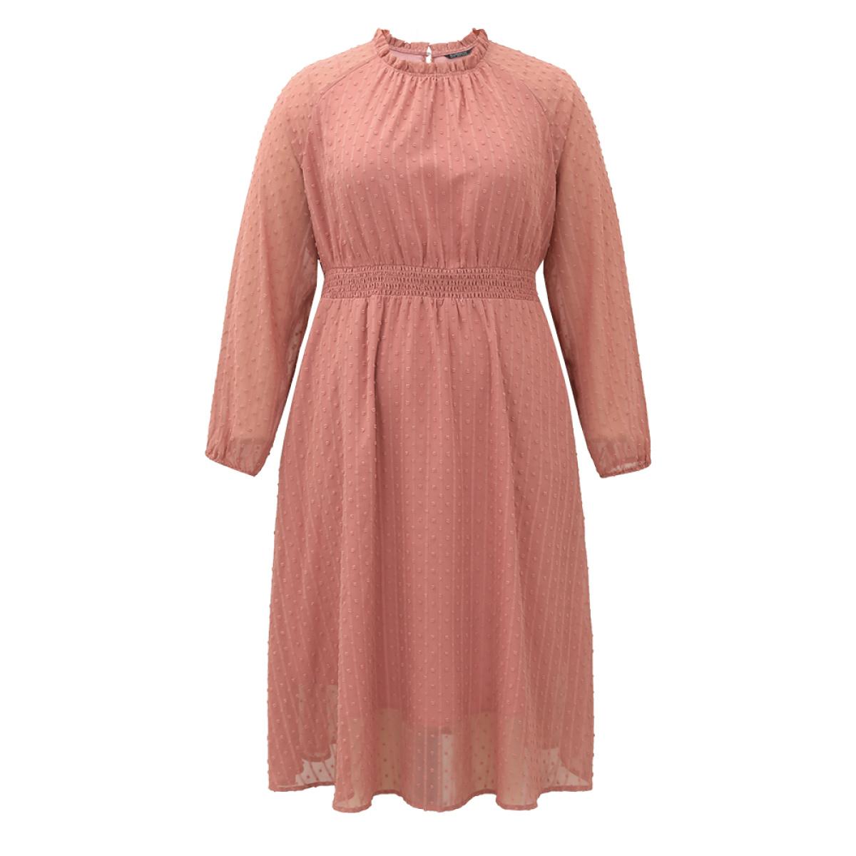 Plus Size Polka Dot Shirred Mock Neck Dress DustyPink Women Elegant Elastic cuffs Mock Neck Long Sleeve Curvy Midi Dress BloomChic 26/4X Product Image