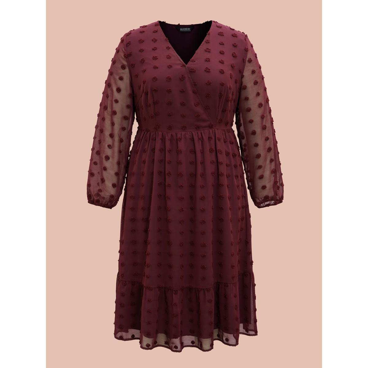 Plus Size Surplice Neck Textured Tiered Dress Burgundy Women Elegant Texture Overlap Collar Long Sleeve Curvy BloomChic 12/L Product Image