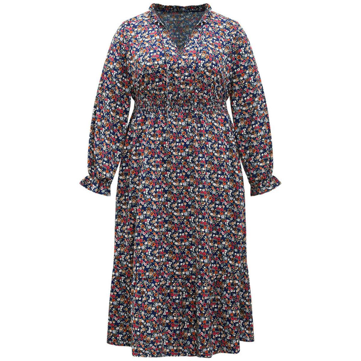 Plus Size Ditsy Floral Shirred Frill Trim Ties Dress DarkBlue Women Elegant Elastic cuffs V-neck Long Sleeve Curvy Midi Dress BloomChic 22-24/3X Product Image
