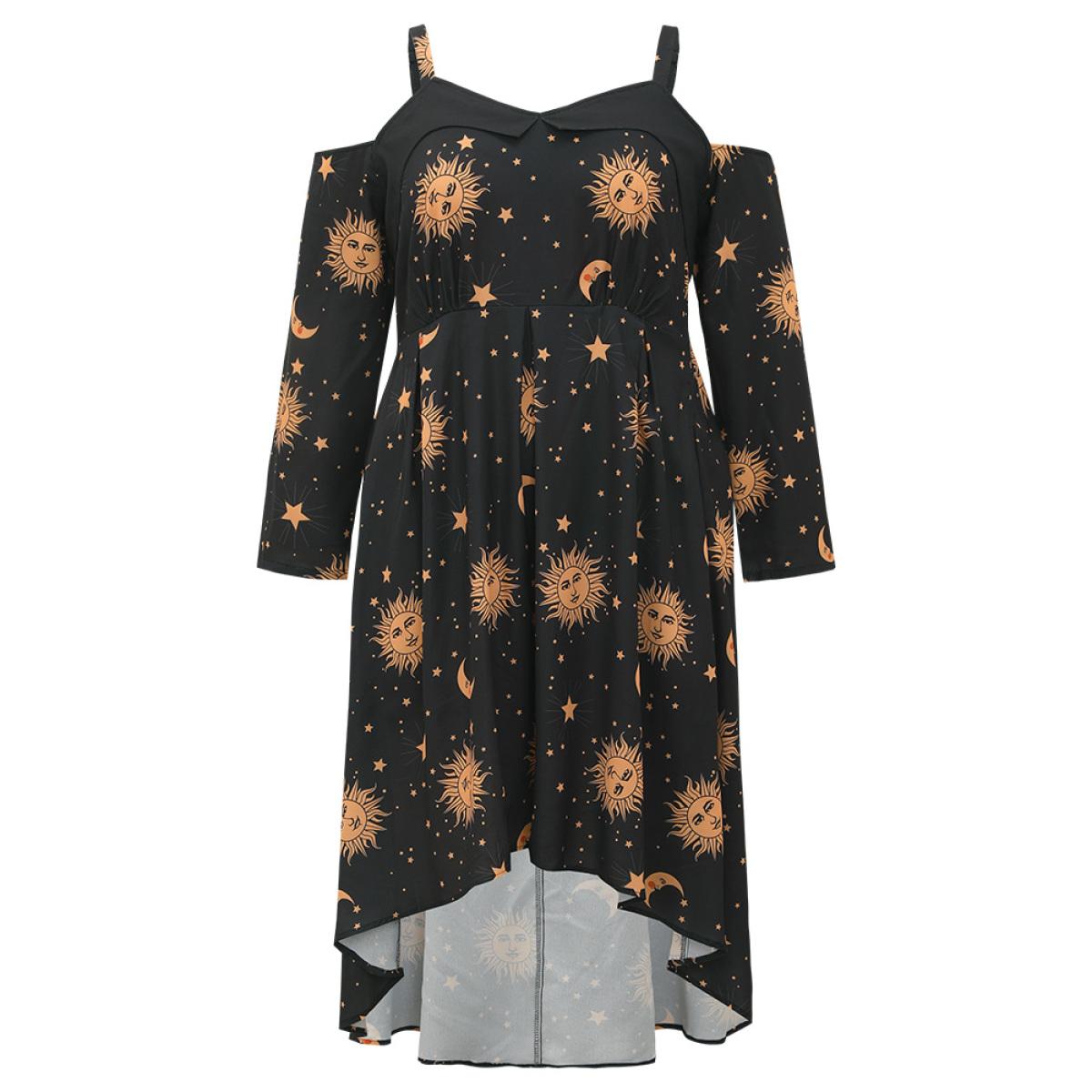 Plus Size Halloween Moon & Star Cold Shoulder Pocket Elastic Waist Dress Black Women Casual Adjustable Straps Spaghetti Strap Long Sleeve Curvy Midi Dress BloomChic 12/L Product Image