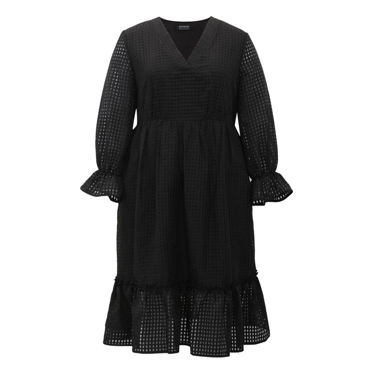 Plus Size Solid Pocket Mesh Frill Trim Dress Black Women Elegant See through V-neck Long Sleeve Curvy Midi Dress BloomChic 22-24/3X Product Image