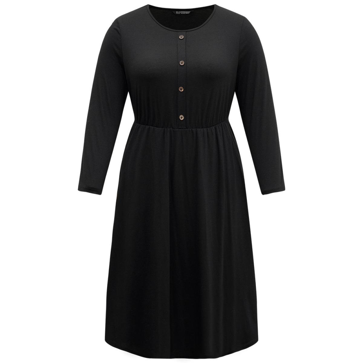 Plus Size Supersoft Essentials Solid Button Detail Dress Black Women Casual Plain Round Neck Long Sleeve Curvy Midi Dress BloomChic 14-16/1X Product Image