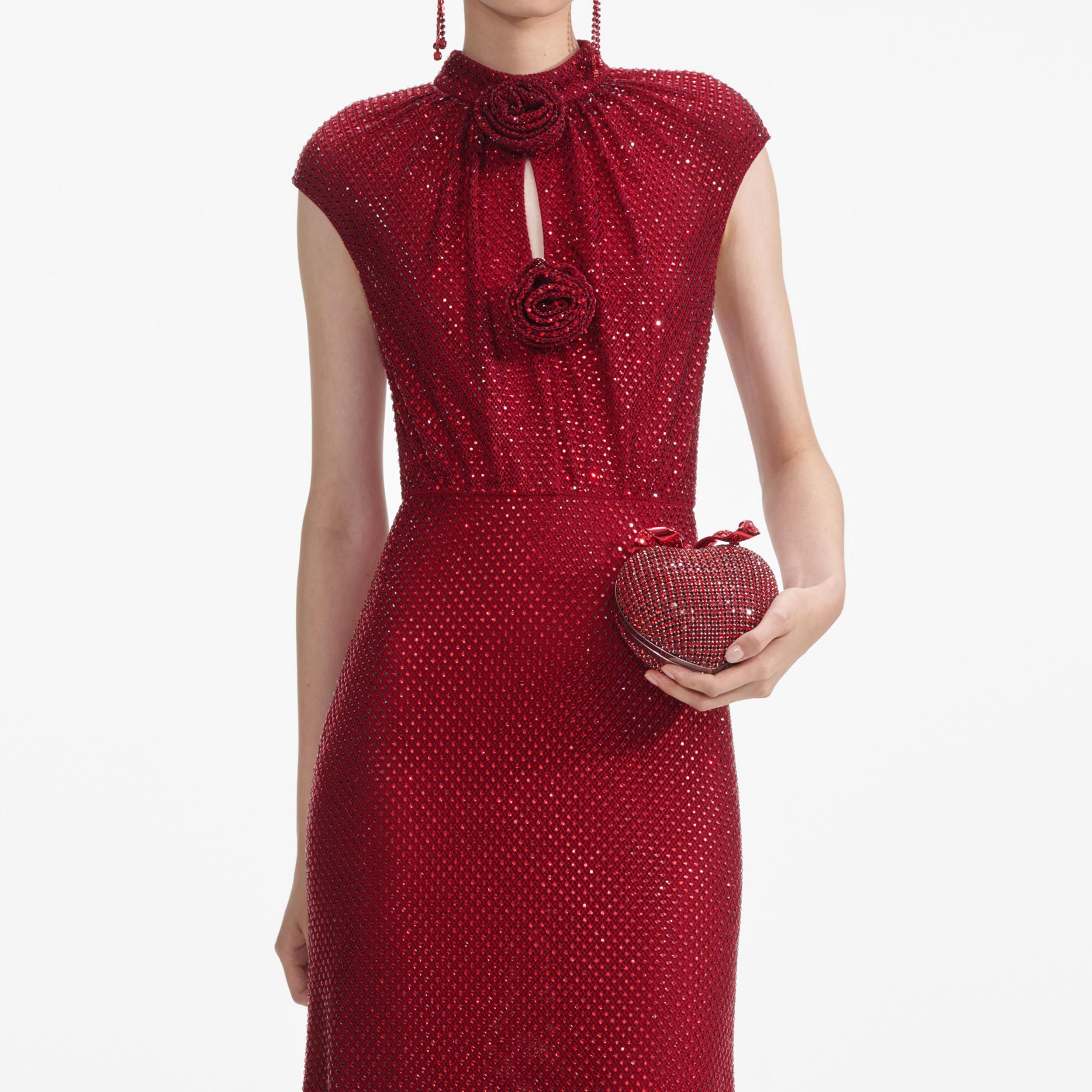 Red Rhinestone Fishnet Midi Dress Product Image