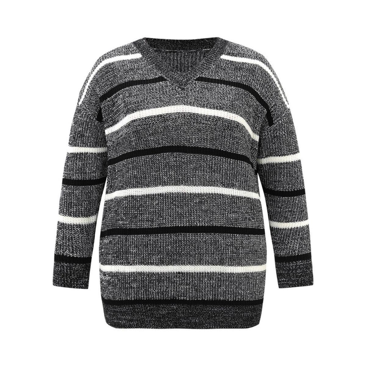 Plus Size V Neck Striped Contrast Heather Pullover Black Women Casual Loose Long Sleeve V-neck Dailywear Pullovers BloomChic 12/L Product Image