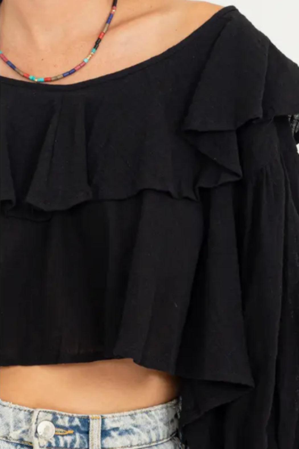 Sweetie Ruffled Three Quarter Sleeve Crop Top Product Image