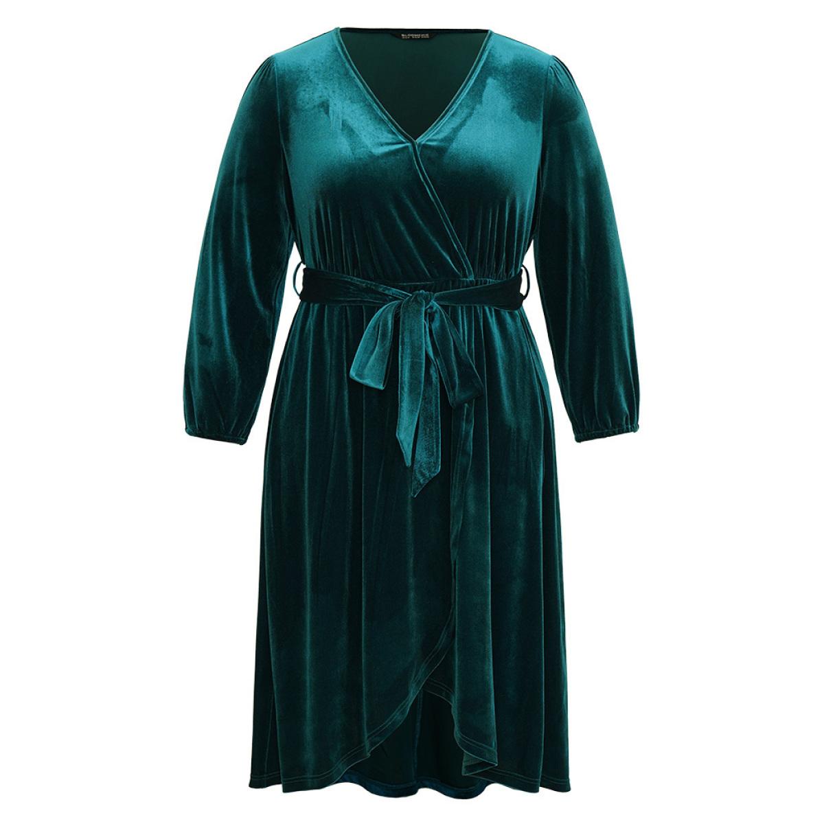 Plus Size Solid Velvet Belted Wrap Arc Hem Dress Cyan Women Timeless Elastic cuffs Overlap Collar Long Sleeve Curvy Midi Dress BloomChic 26/4X Product Image