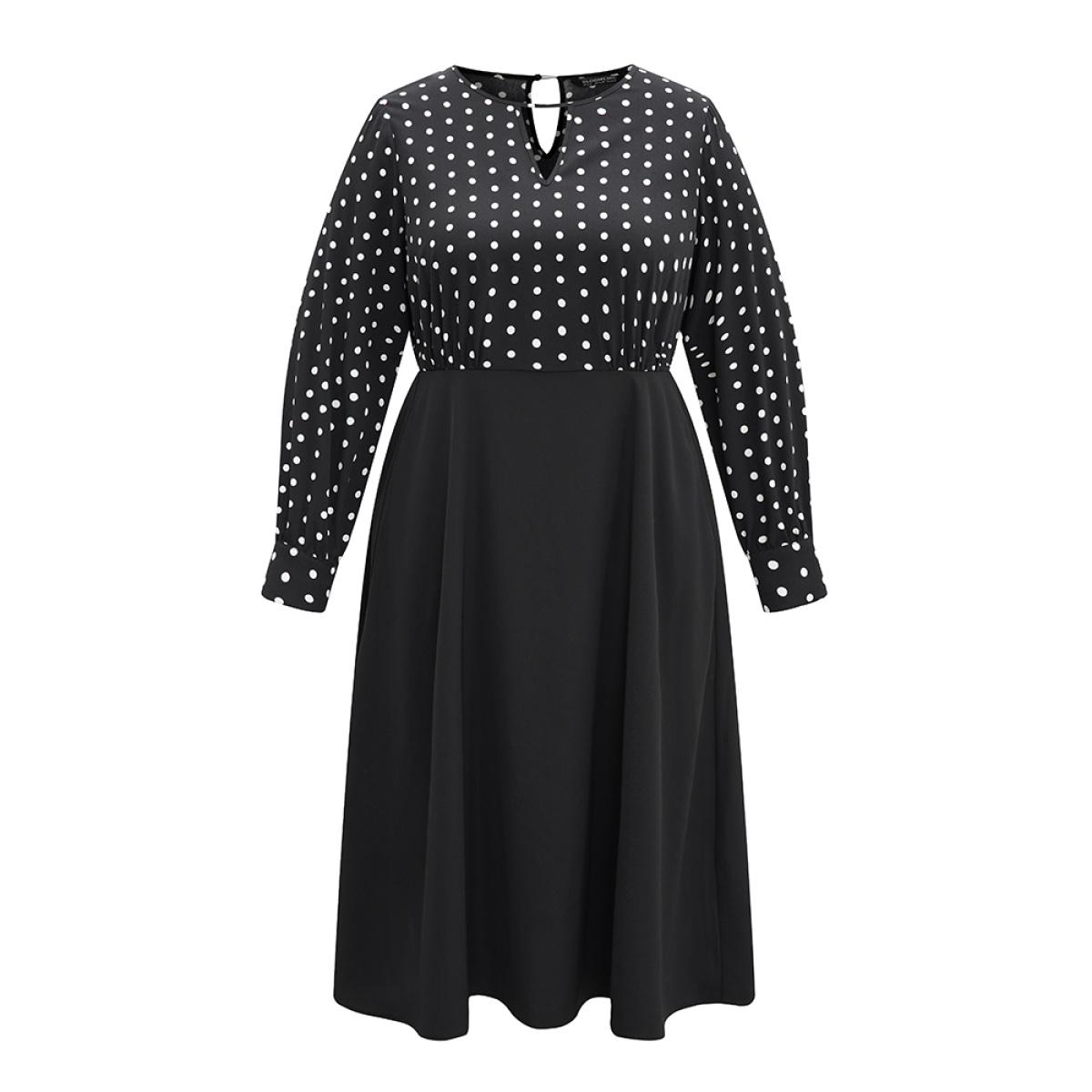 Plus Size Polka Dot Keyhole Patchwork Dress Black Women At the Office Printed Keyhole Cut-Out Long Sleeve Curvy Knee Dress BloomChic 14-16/1X Product Image