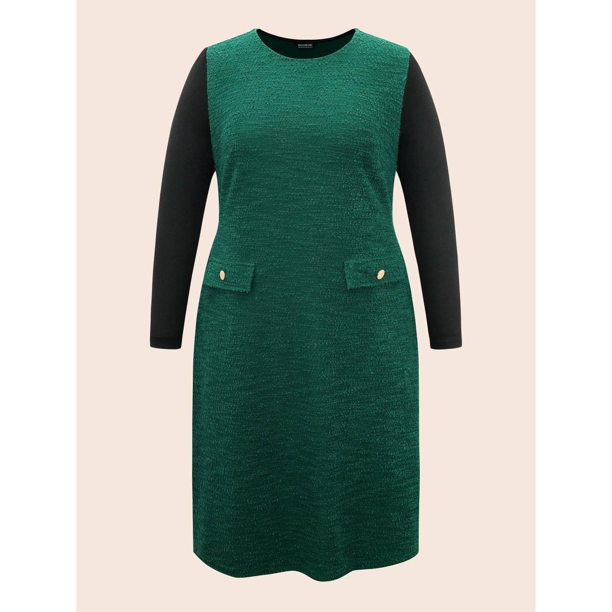Plus Size Textured Patchwork Flap Detail Dress DarkGreen Women Elegant Texture Round Neck Long Sleeve Curvy BloomChic 28/5X Product Image