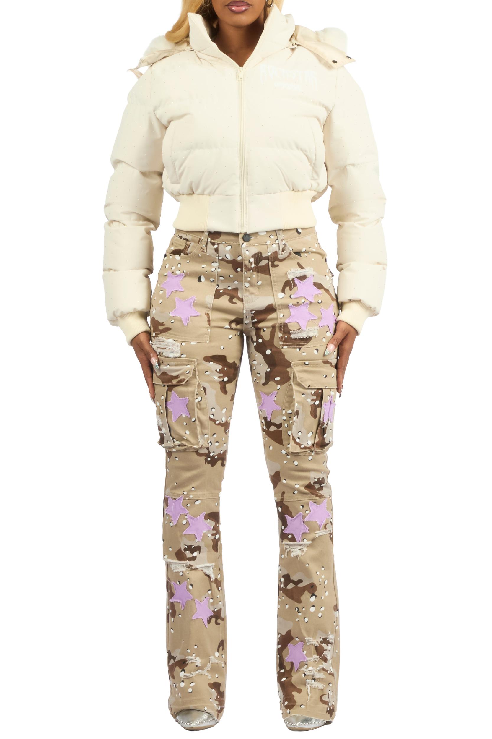 Gabrielle Beige Rhinestone Puffer Jacket With Fur Hood Female Product Image