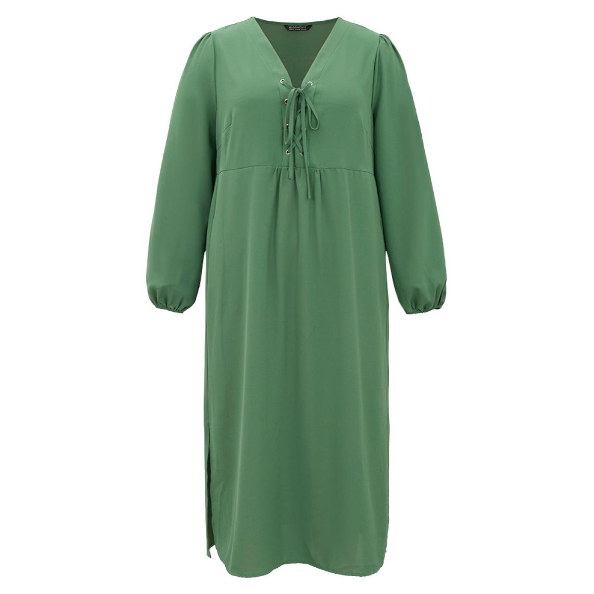 Plus Size Plain Lace Up Split Hem Lantern Sleeve Dress Mint Women Casual Elastic cuffs Tie Neck Long Sleeve Curvy Midi Dress BloomChic 30/6X Product Image