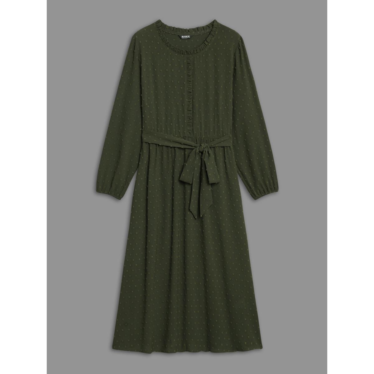 Plus Size Textured Waist-Tie Ruffled Edges Dress ArmyGreen Women Elegant Texture Round Neck Long Sleeve Curvy BloomChic 22-24/3X Product Image