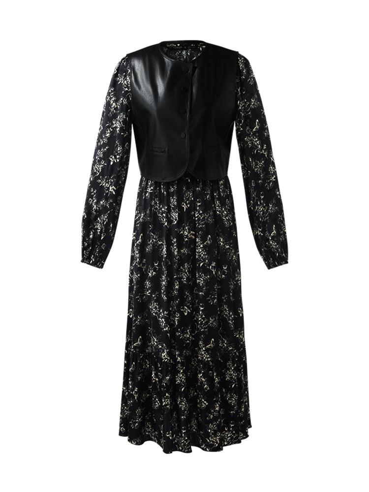 Eco-Friendly Fur Vest And Floral Print Dress Two-Piece Set Product Image