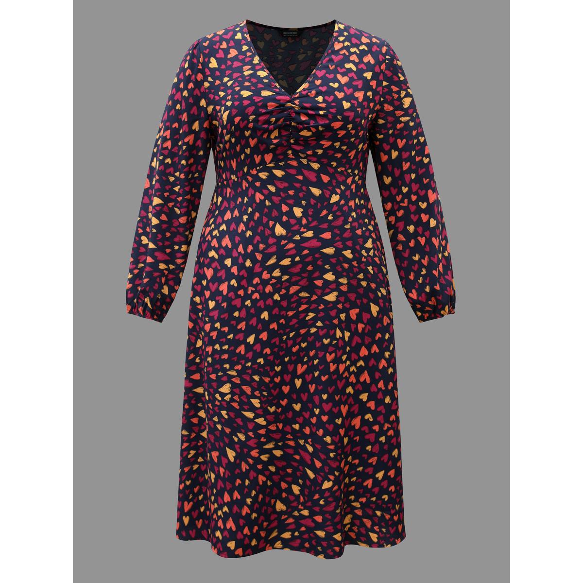 Plus Size Multi-Color Hearts Pattern Stretchy Waist Dress Indigo Women Elegant Gathered V-neck Long Sleeve Curvy BloomChic 18-20/2X Product Image