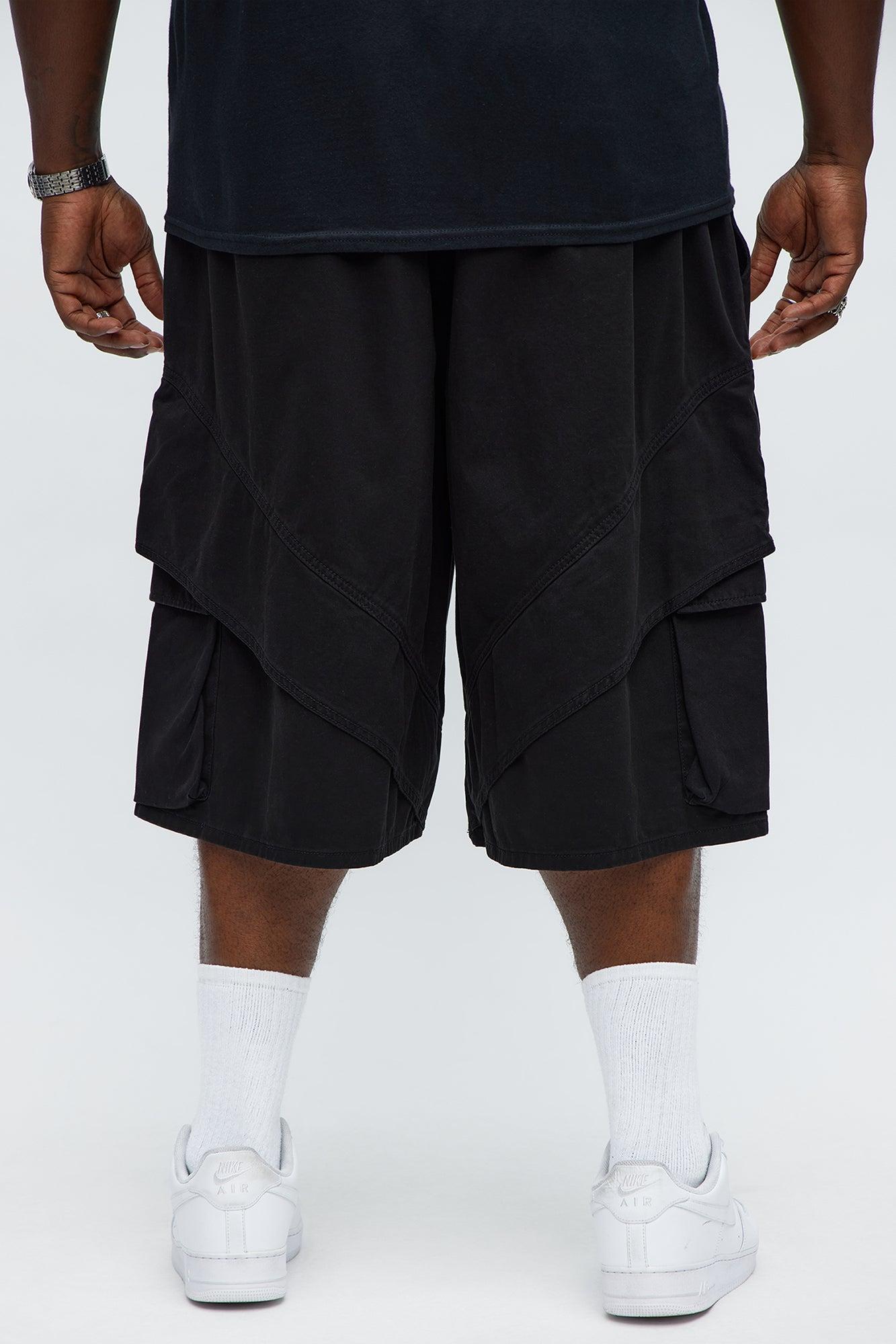 Baggy Hidden Lines Cargo Shorts - Black Male Product Image