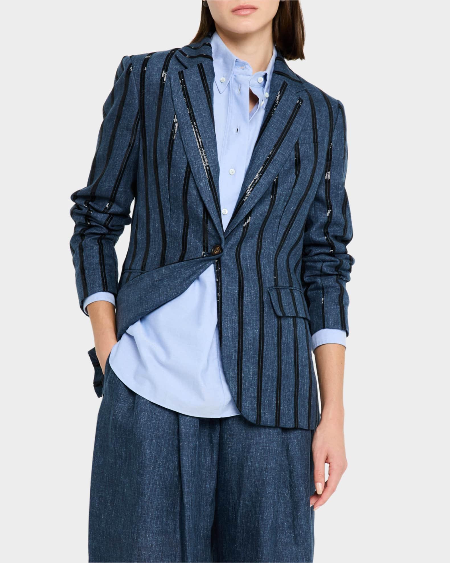 Paillette Striped Denim-Effect Linen Single-Breasted Blazer Product Image