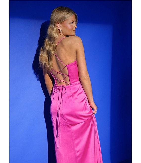 GB Social Corset Cowl Neck Lace-Up Back Slit Hem Satin Long Dress Product Image