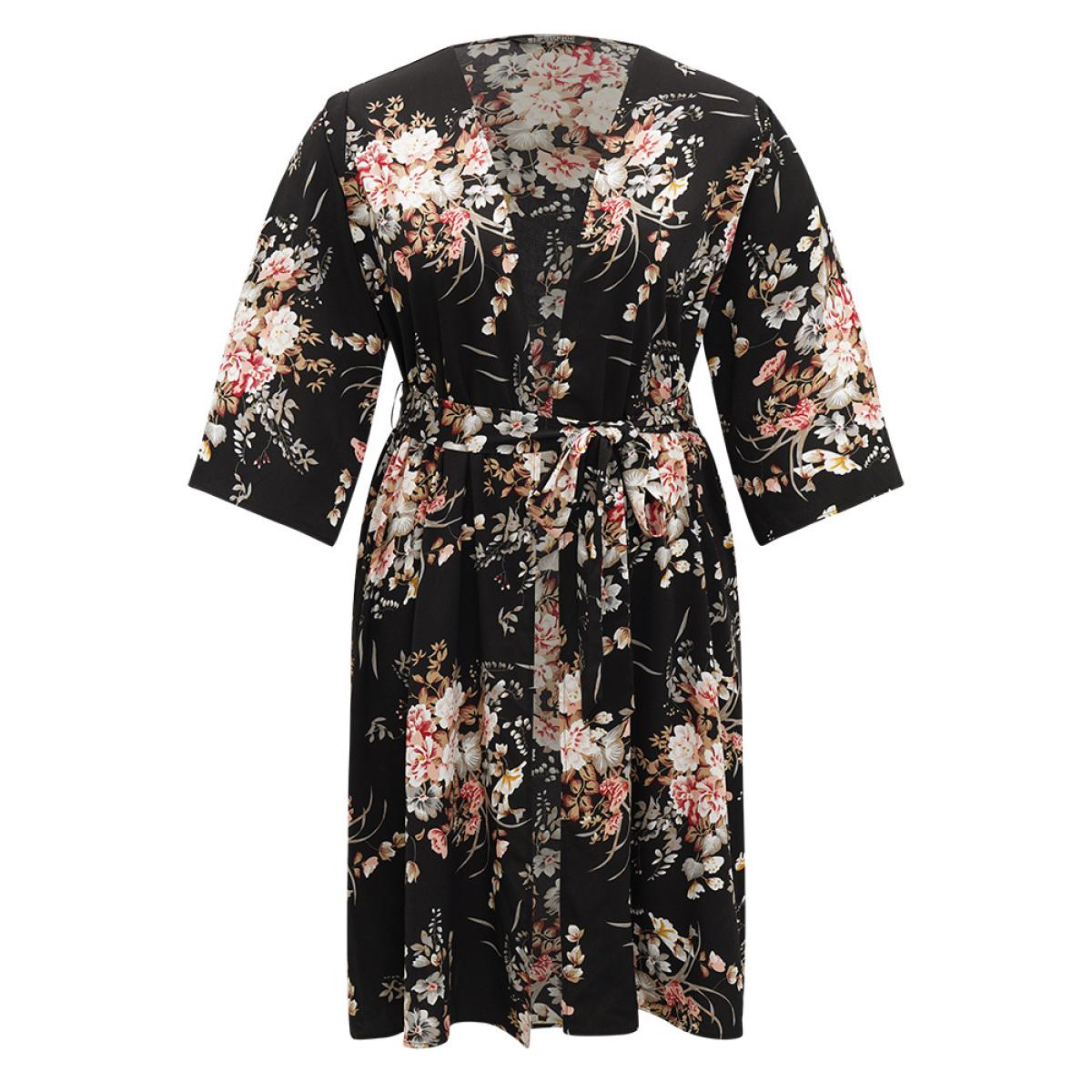 Plus Size Boho Print Belted Open Front Kimono Women BlackFlower Casual Belted Belt Dailywear Kimonos BloomChic 12/L Product Image