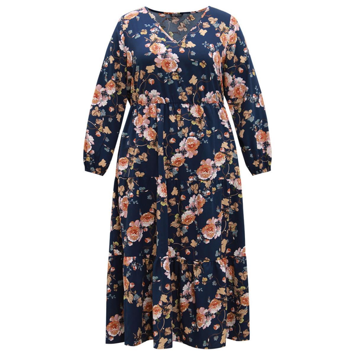 Plus Size Floral Print Pocket Elastic Waist V Neck Dress DarkBlue Women Elegant Elastic cuffs V-neck Long Sleeve Curvy Midi Dress BloomChic 12/L Product Image