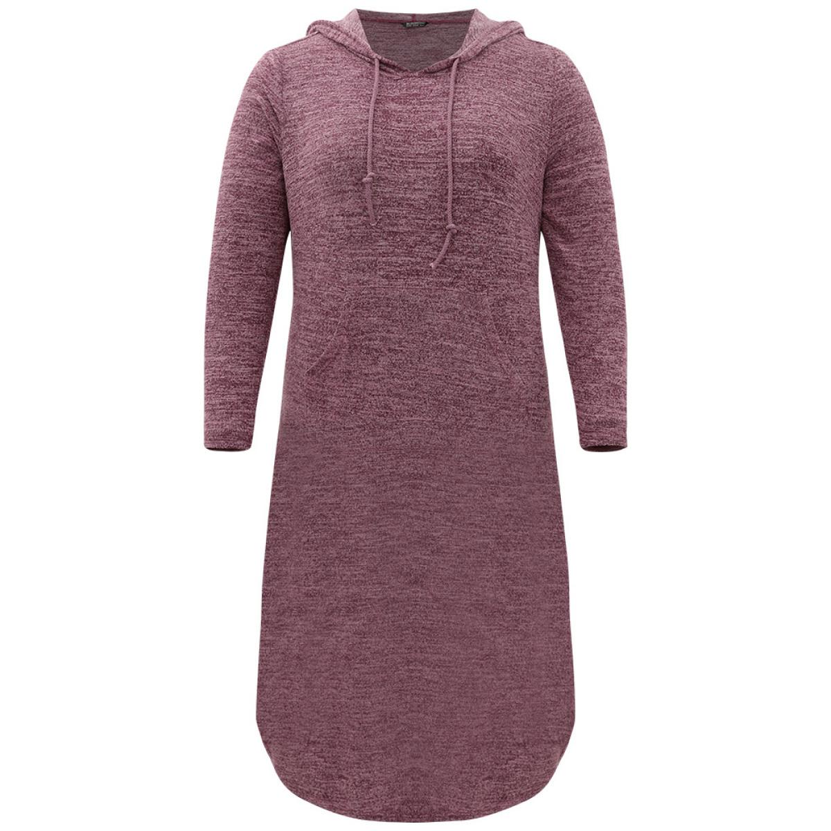 Plus Size Plain Heather Pocket Split Hem Hooded Dress Burgundy Women Casual Plain Hooded Long Sleeve Curvy Midi Dress BloomChic 14-16/1X Product Image