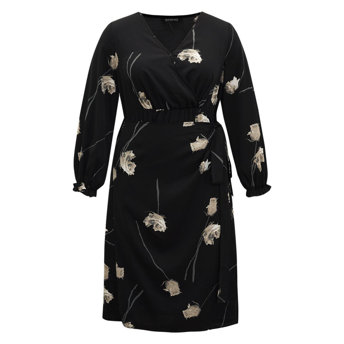 Plus Size Geometric Wrap Ties Lantern Sleeve Dress BlackFlower Women Office Cross straps V-neck Long Sleeve Curvy Midi Dress BloomChic 22-24/3X Product Image